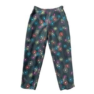 Vintage Silk Land Black Multicolored Floral High Rise Silk Pants Women's 4